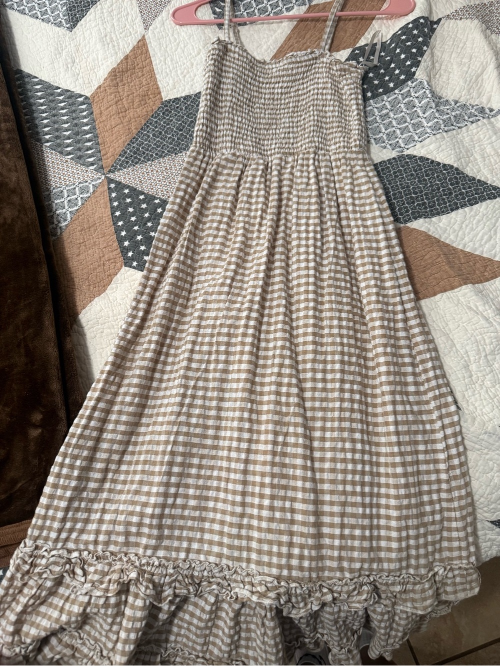 Beige and White Gingham Smocked Sundress